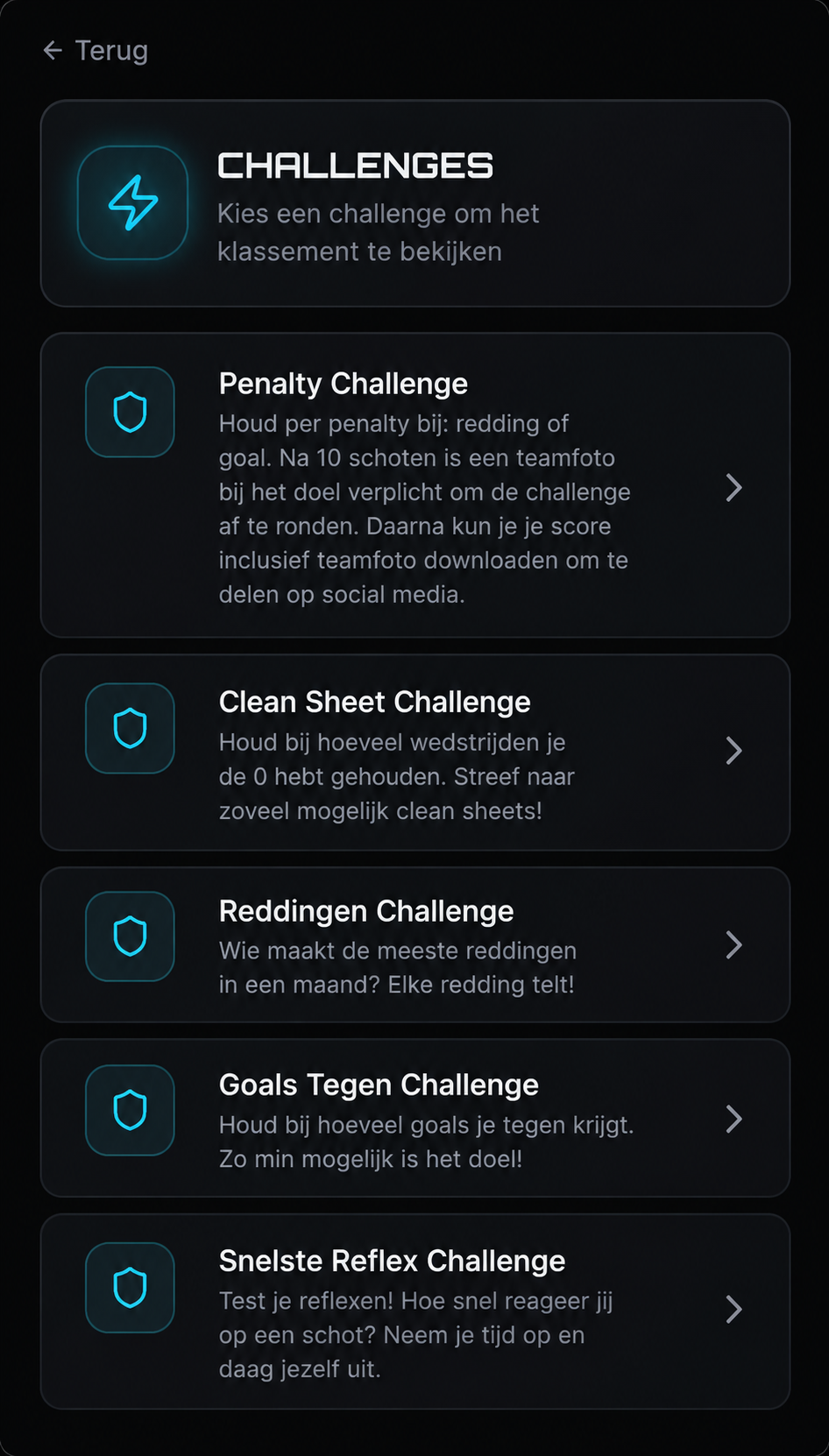 Overzicht van de challenges: penalty, clean sheet, reddingen, goals tegen en reflex.
